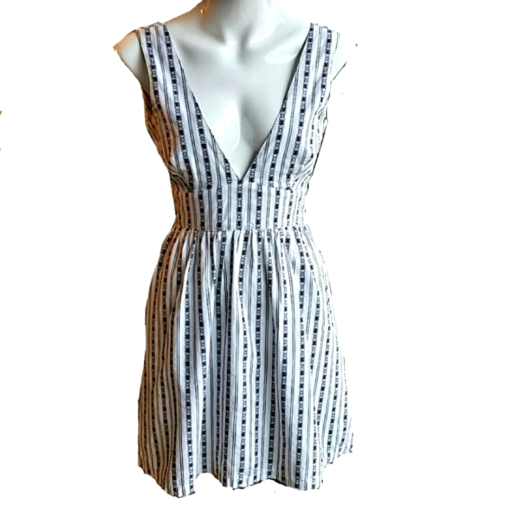 Split White Black Cotton Deep Vneck Plunge Front And Back Dress Size Small Y2K